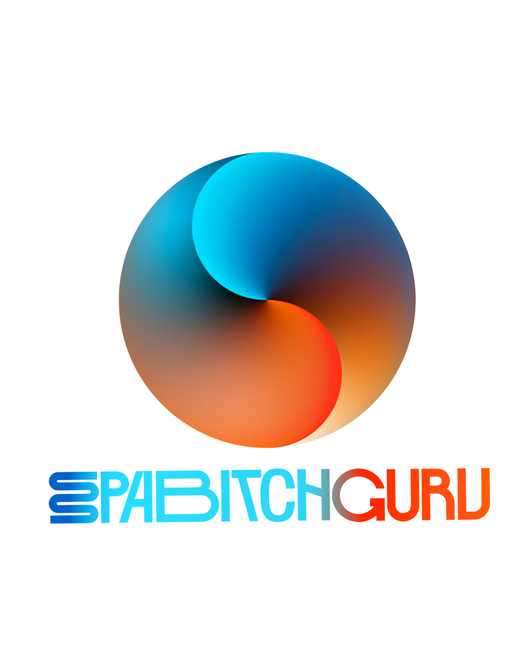 Intertwined turquoise and orange spheres above the SPABITCHGURU mark